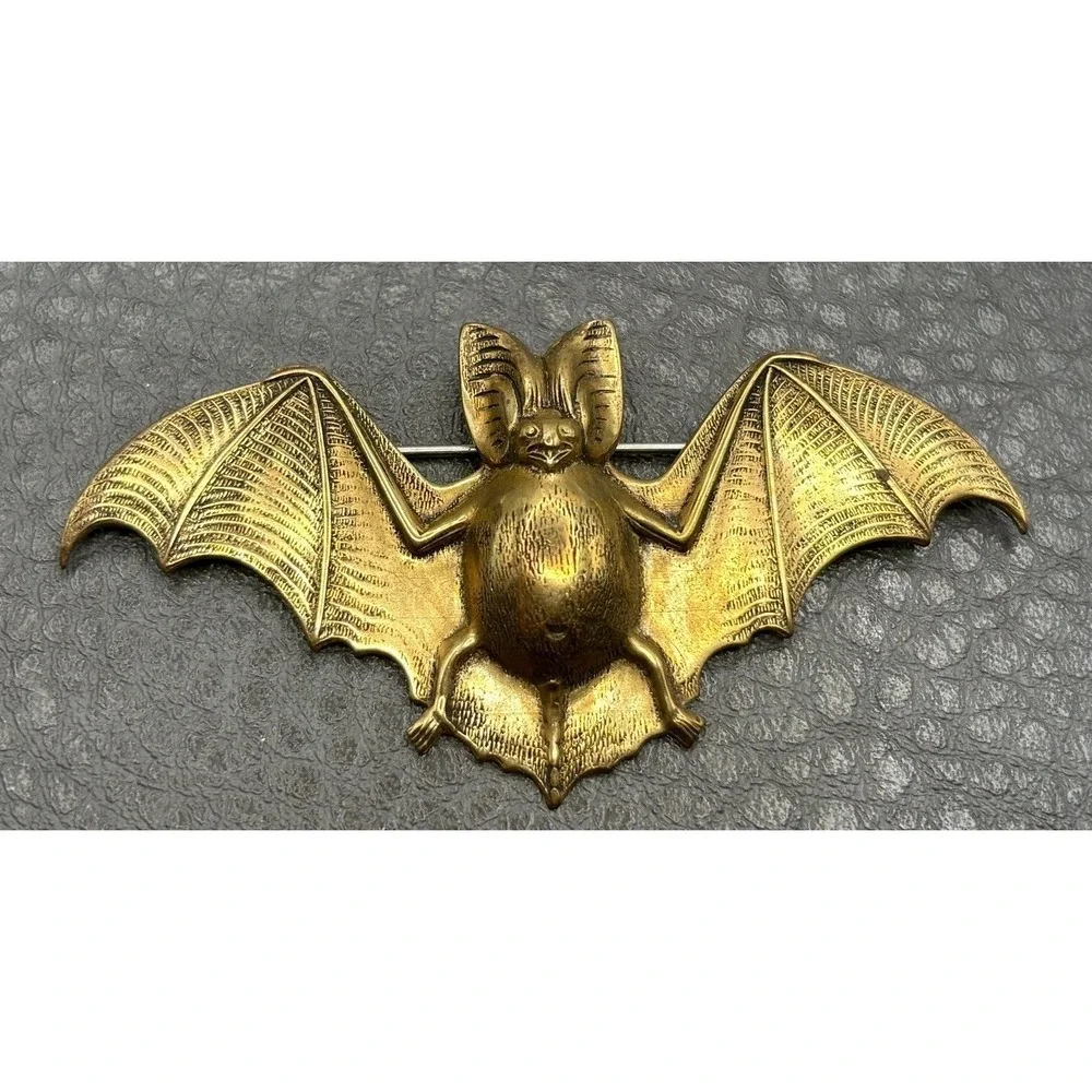 Vintage Victorian Revival Bat Brooch Pin Gothic Detailed Antiqued Gold Tone
